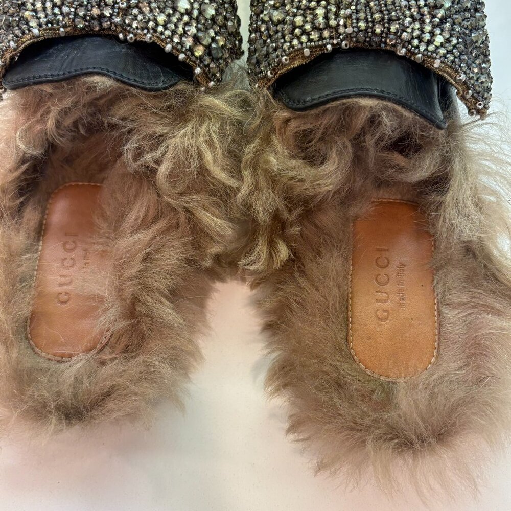 Gucci Princetown Fur Lined Crystal Bow Mule Slippers Black Leather Size 36 6 - Picture 14 of 17